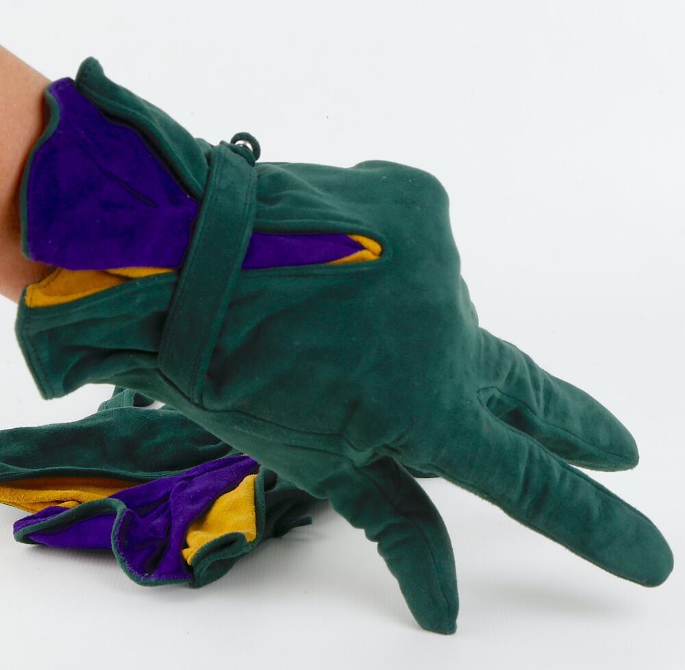 Vintage Emerald Green Suede Leather Colorblock Fan Ruffle Gloves Size 7.5